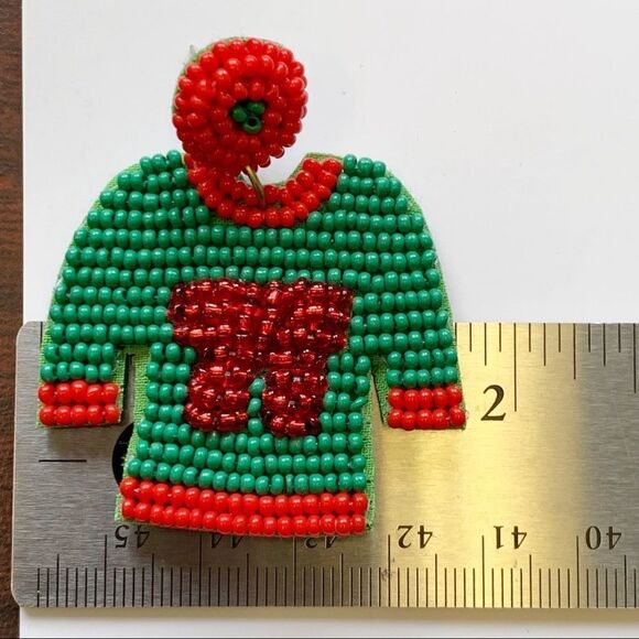 Green and Red Boho Seed Beaded Ugly Christmas Sweater Earrings - Picture 4 of 5